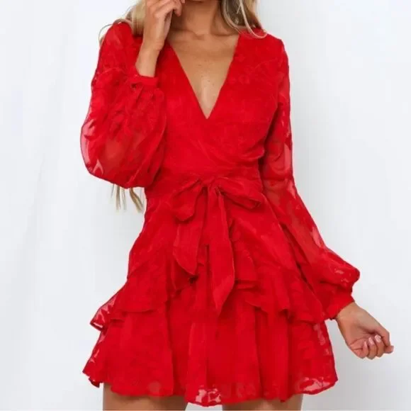 Hello Molly Red Long Sleeve Wrap Mini Dress - Picture 3 of 7